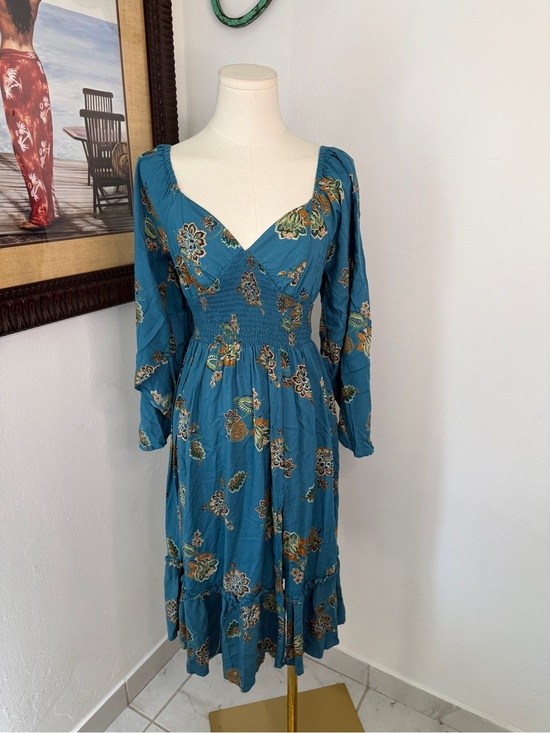 Angie Dresses & Skirts - Angie Teal Floral Midi Dress with Smocked Waist